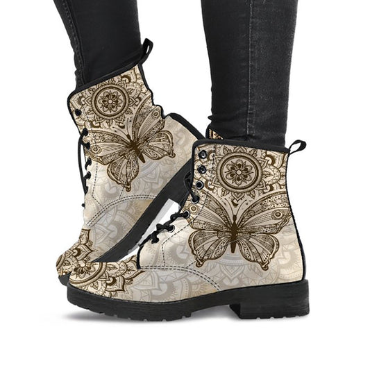 Beige Boho Butterfly Mandala Womens Boots