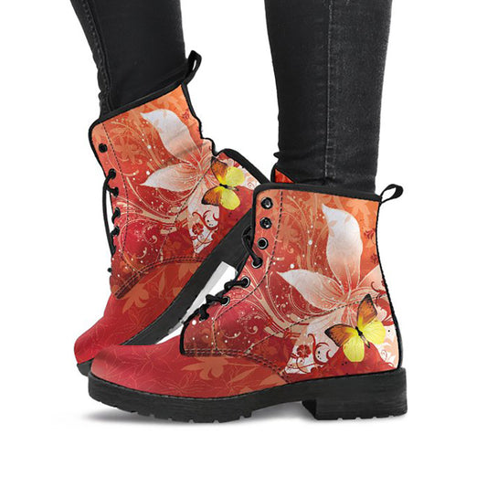 Orange Red Flower Womens Boots