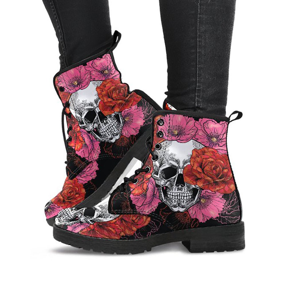 Skull & Pink Roses Womens Boots