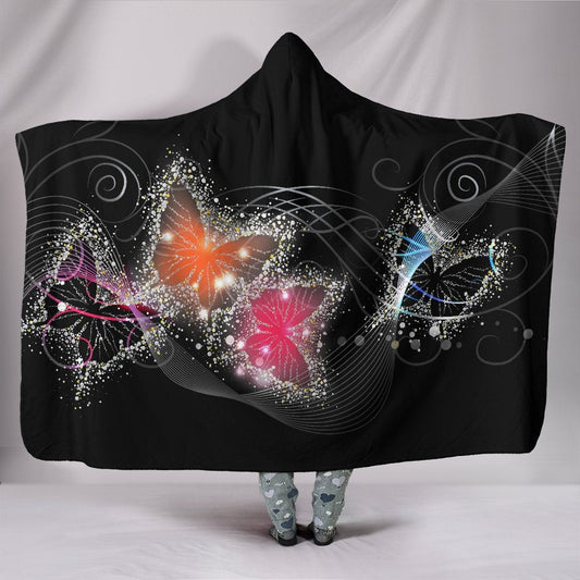 Colorful Sparkle Butterflies Black Hooded Blanket