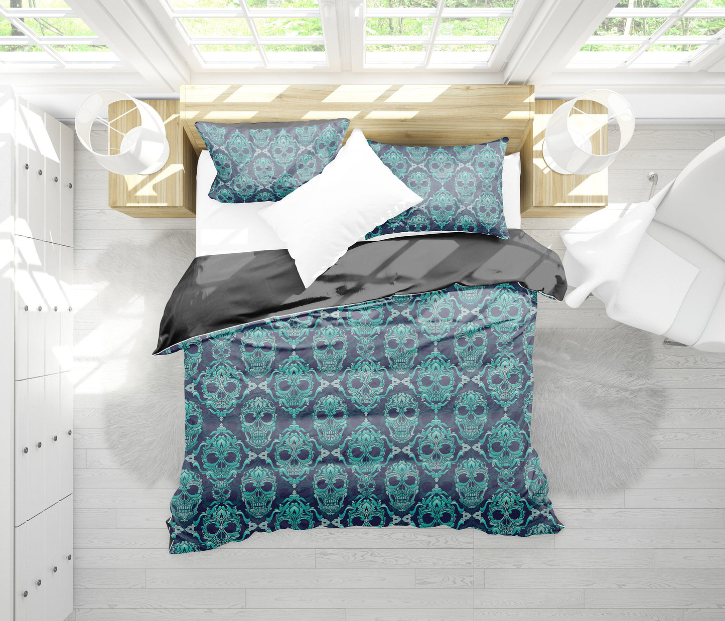 Green Skulls Bedding Set
