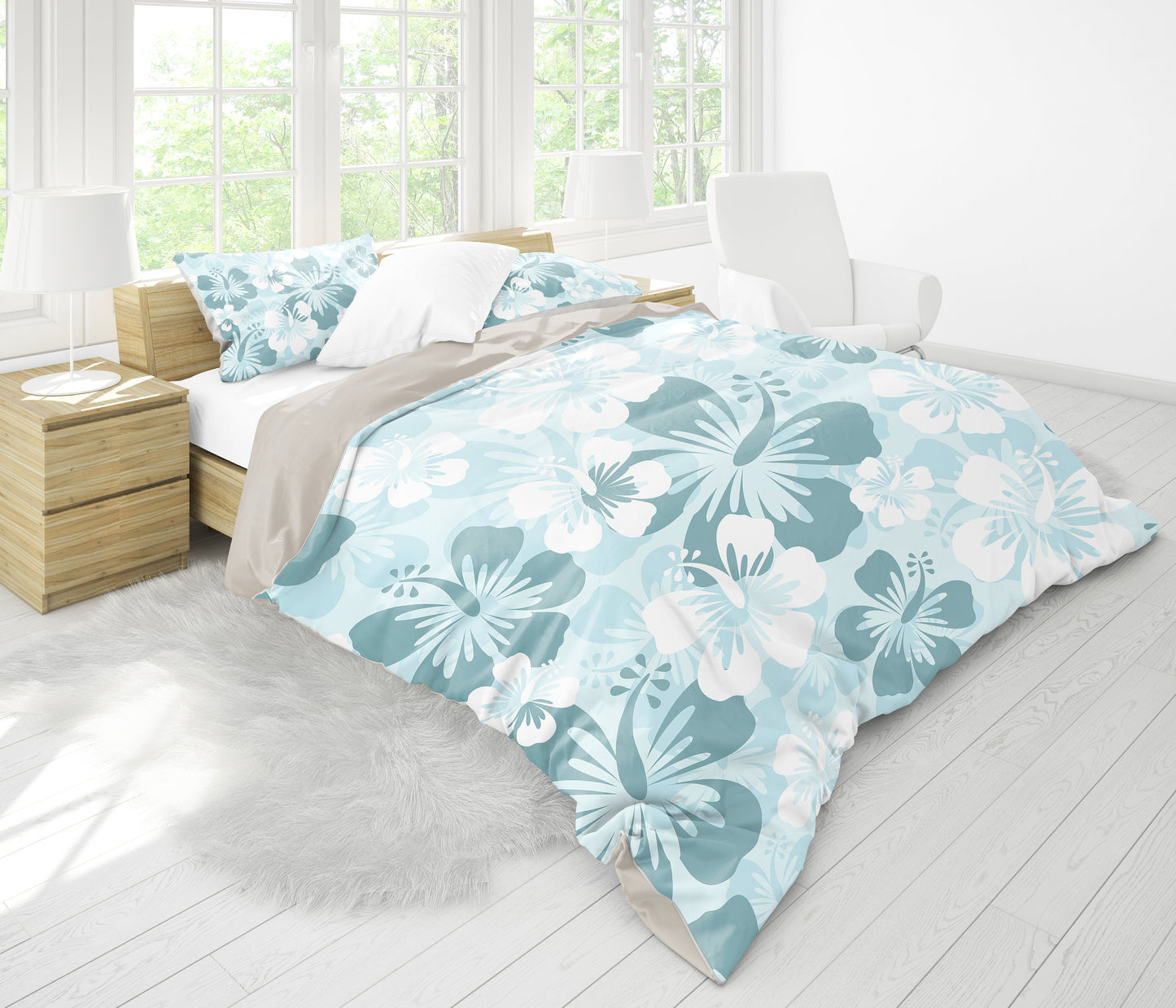 Light Green Teal Aloha Flowers Bedding Set