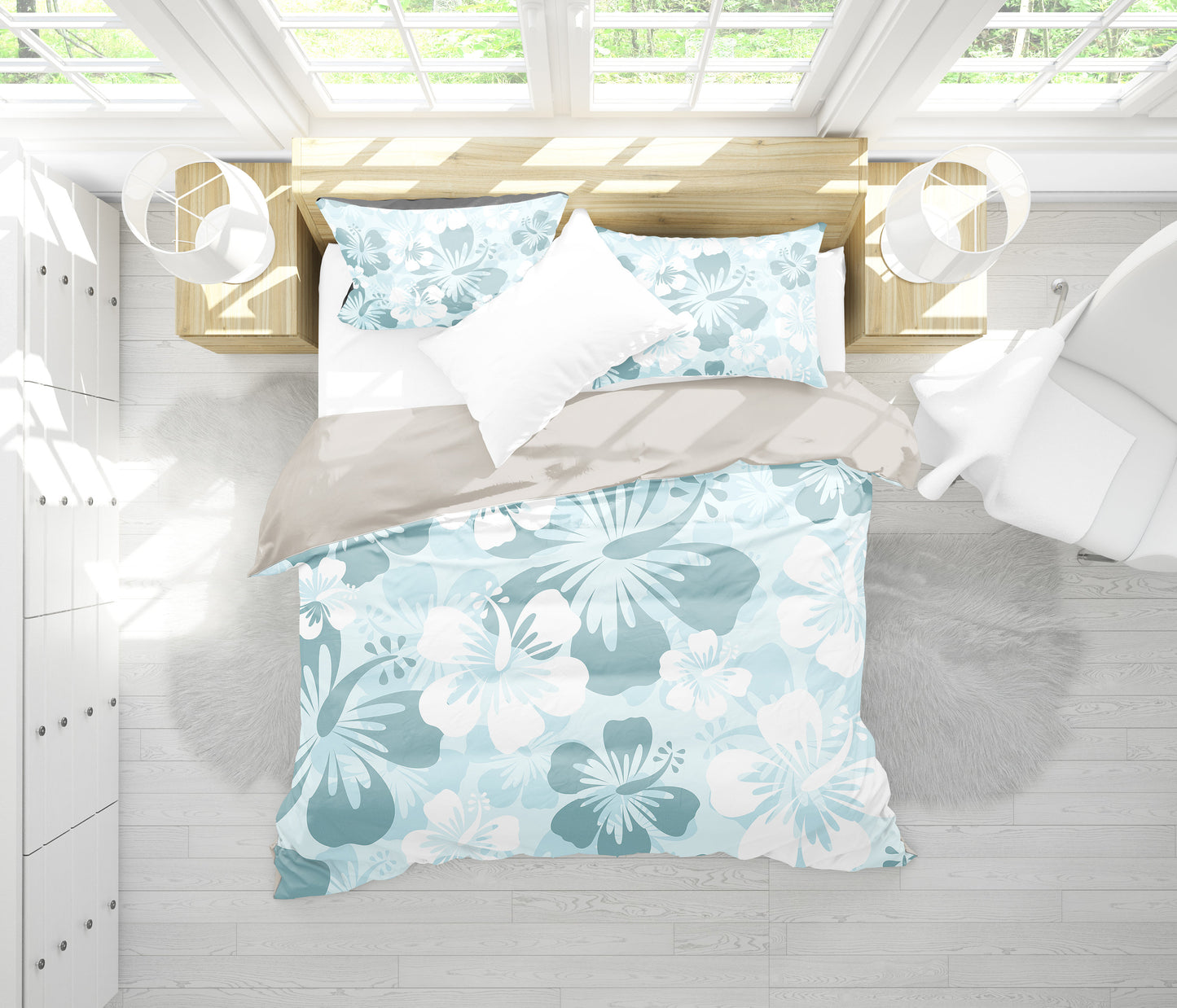 Light Green Teal Aloha Flowers Bedding Set