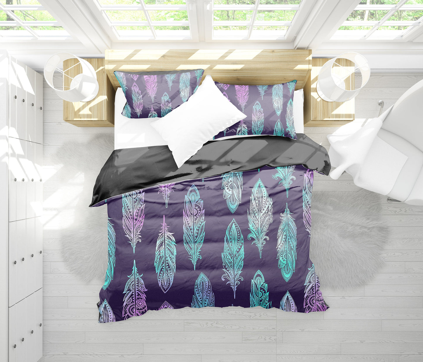 Pink & Purple Neon Feathers Bedding Set