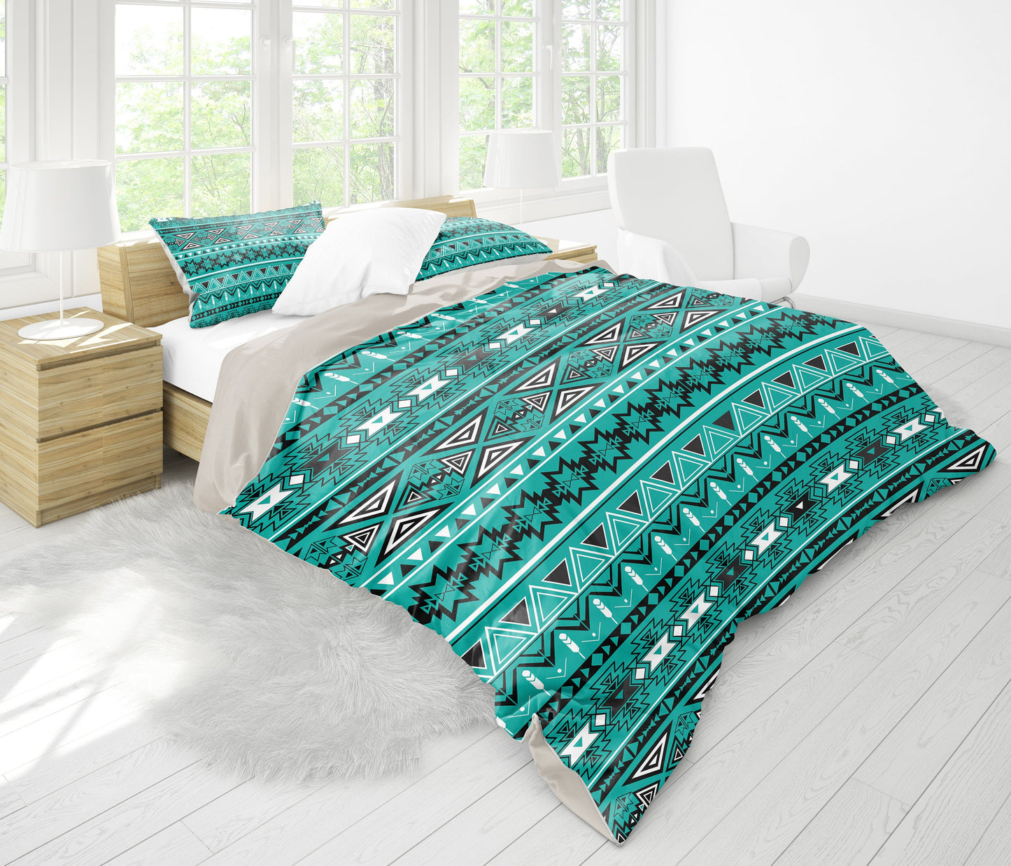 Light Green Teal Boho Aztec Bedding Set