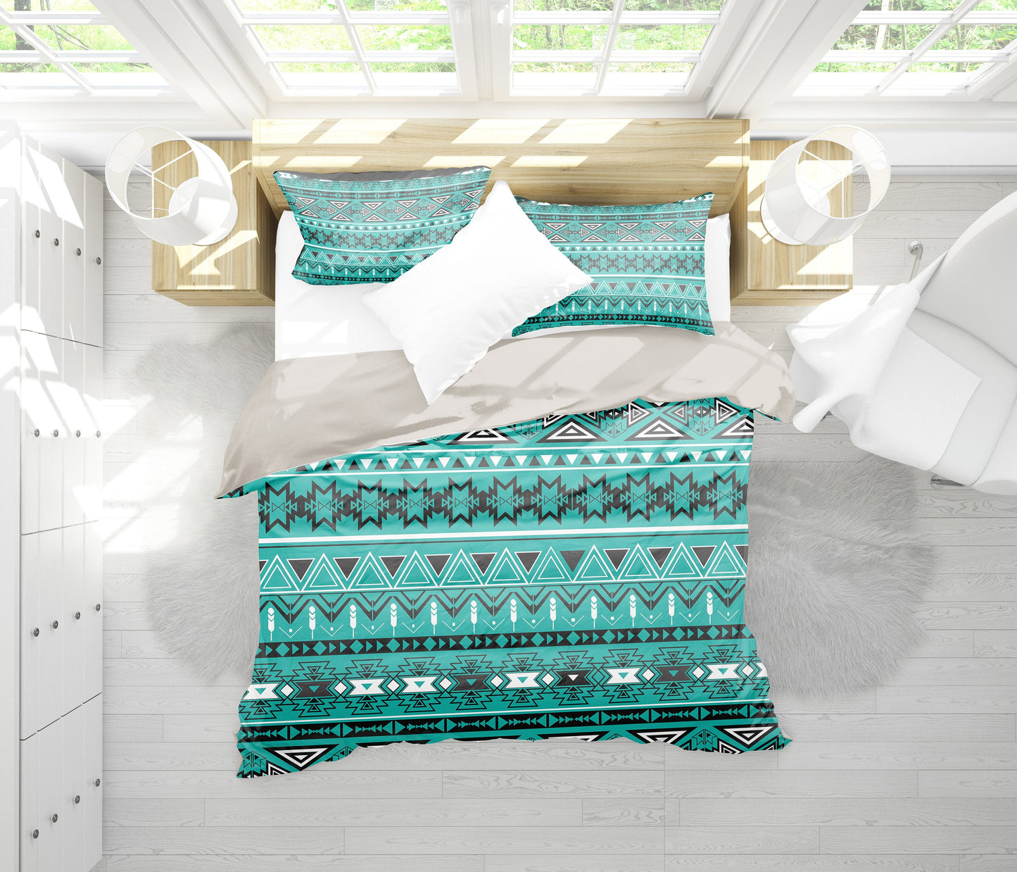 Light Green Teal Boho Aztec Bedding Set