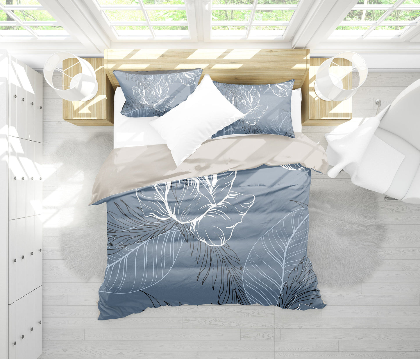 Grey Floral Outline Bedding Set