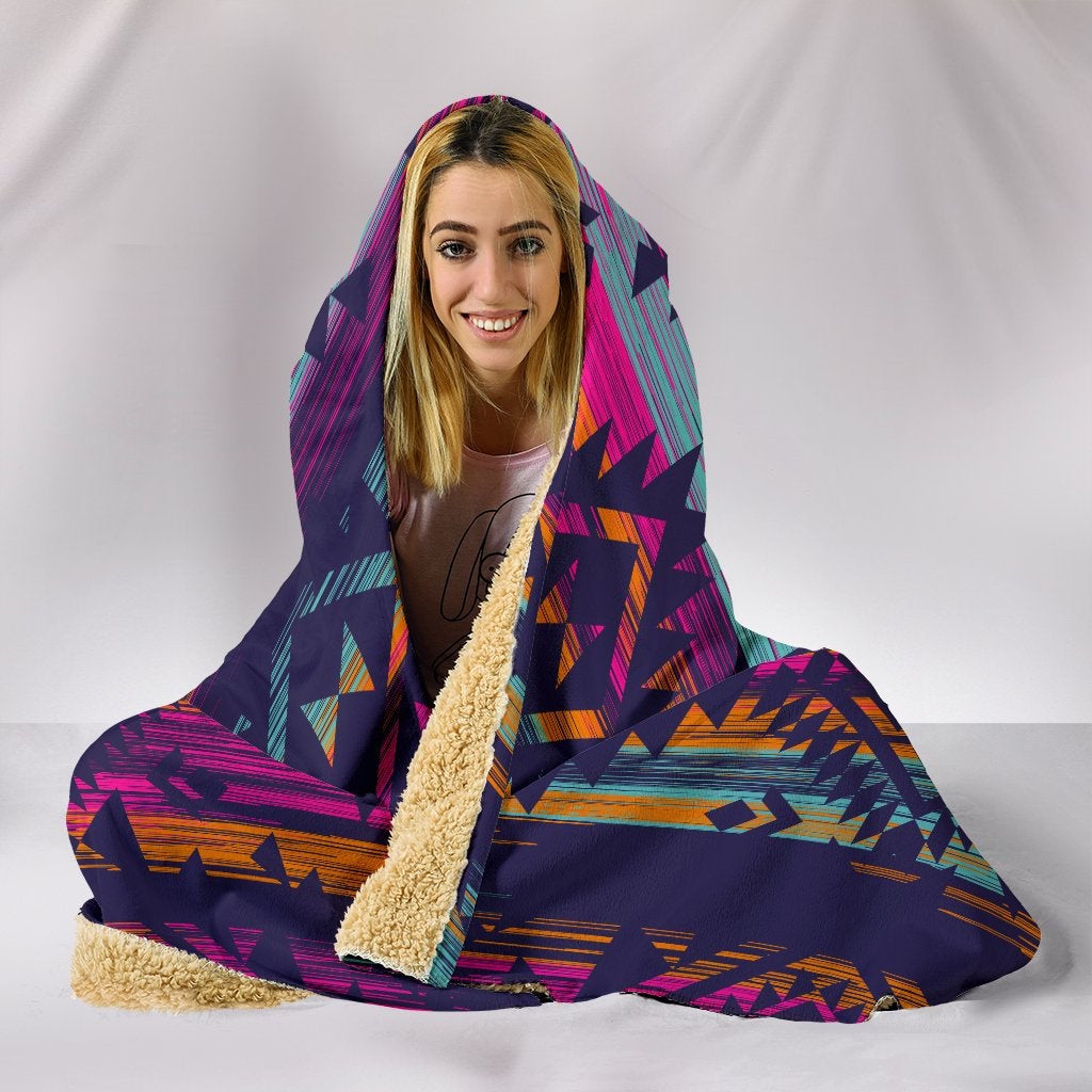 Colorful Boho Aztec Streaks Hooded Blanket