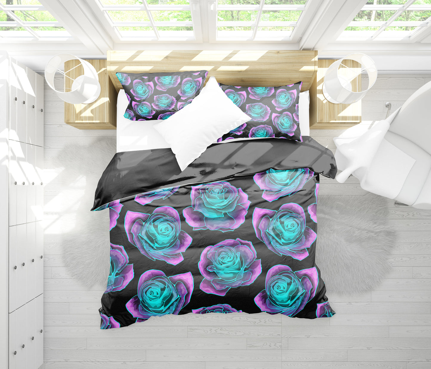 Neon Pink Roses Bedding Set