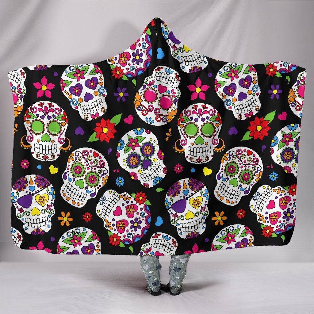 Colorful Sugar Skulls Hooded Blanket