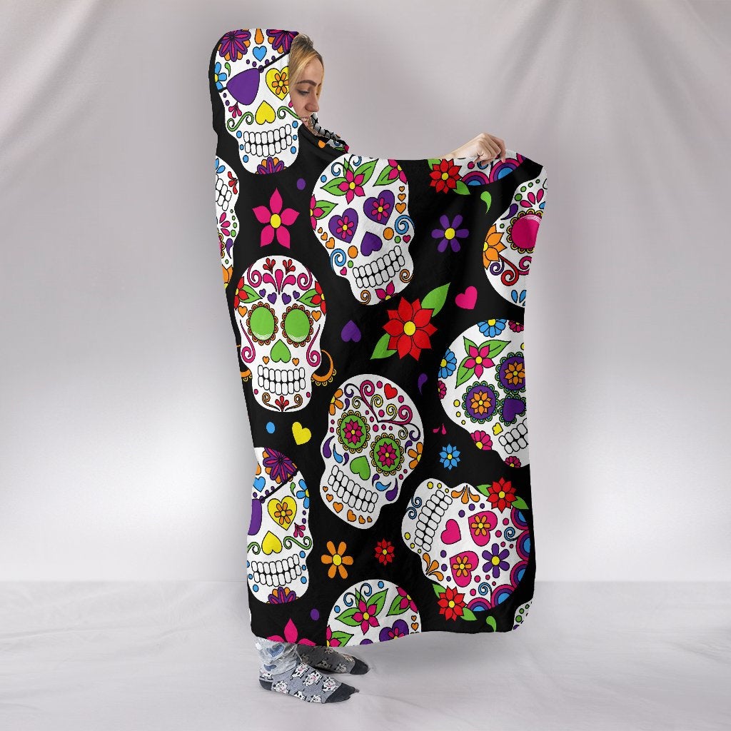 Colorful Sugar Skulls Hooded Blanket