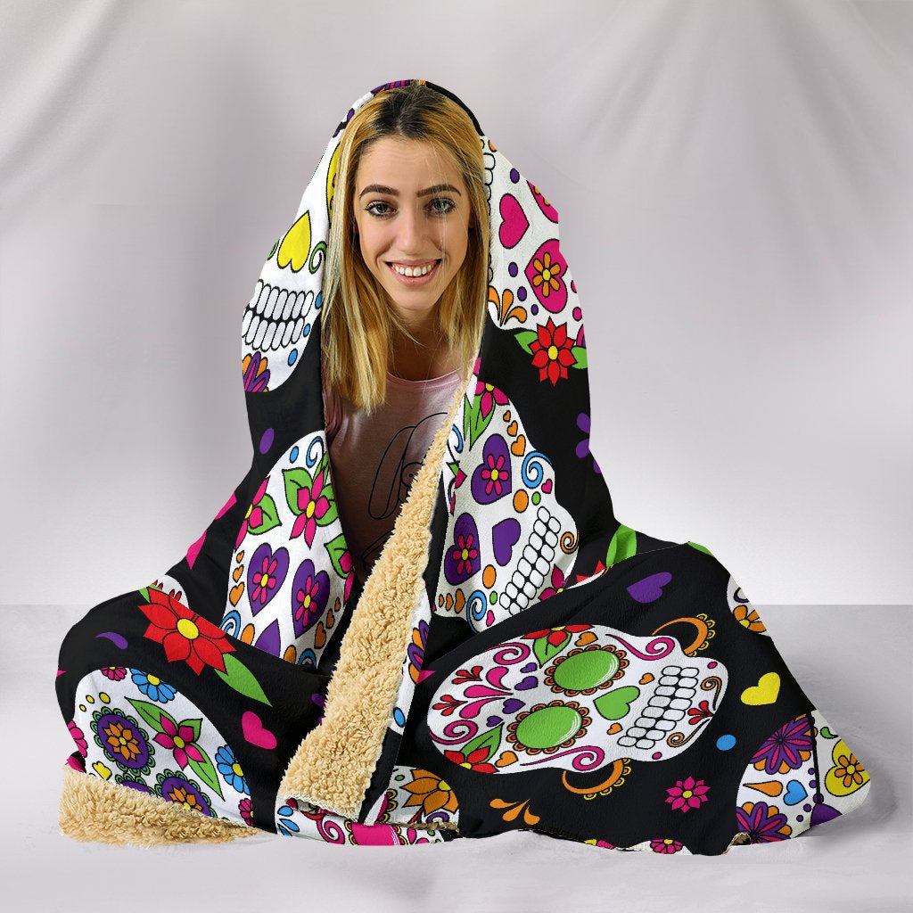Colorful Sugar Skulls Hooded Blanket