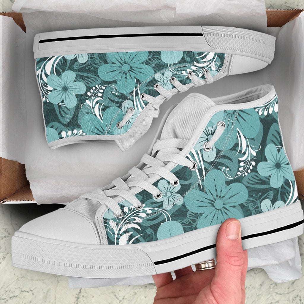 Light Green Teal Aloha Flowers High Top Shoes