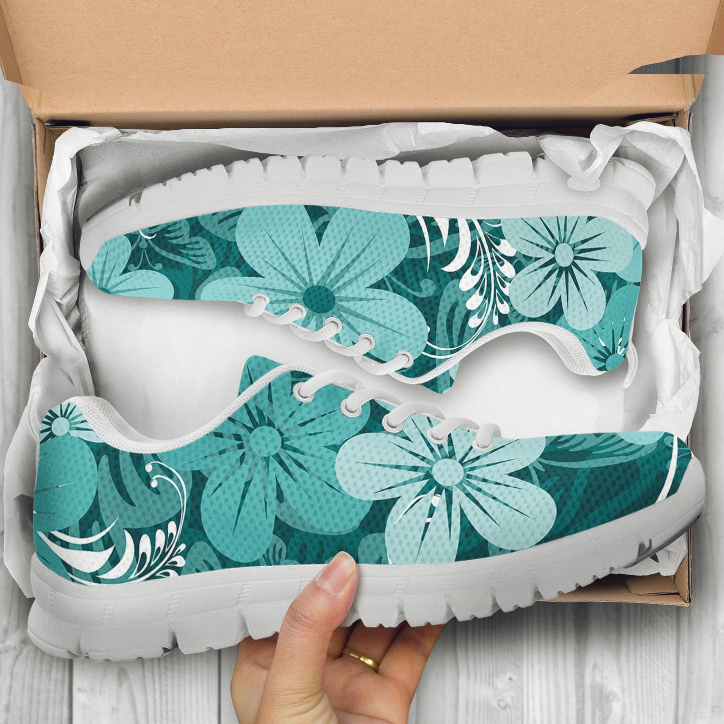 Light Green Teal Aloha Flowers Sneakers