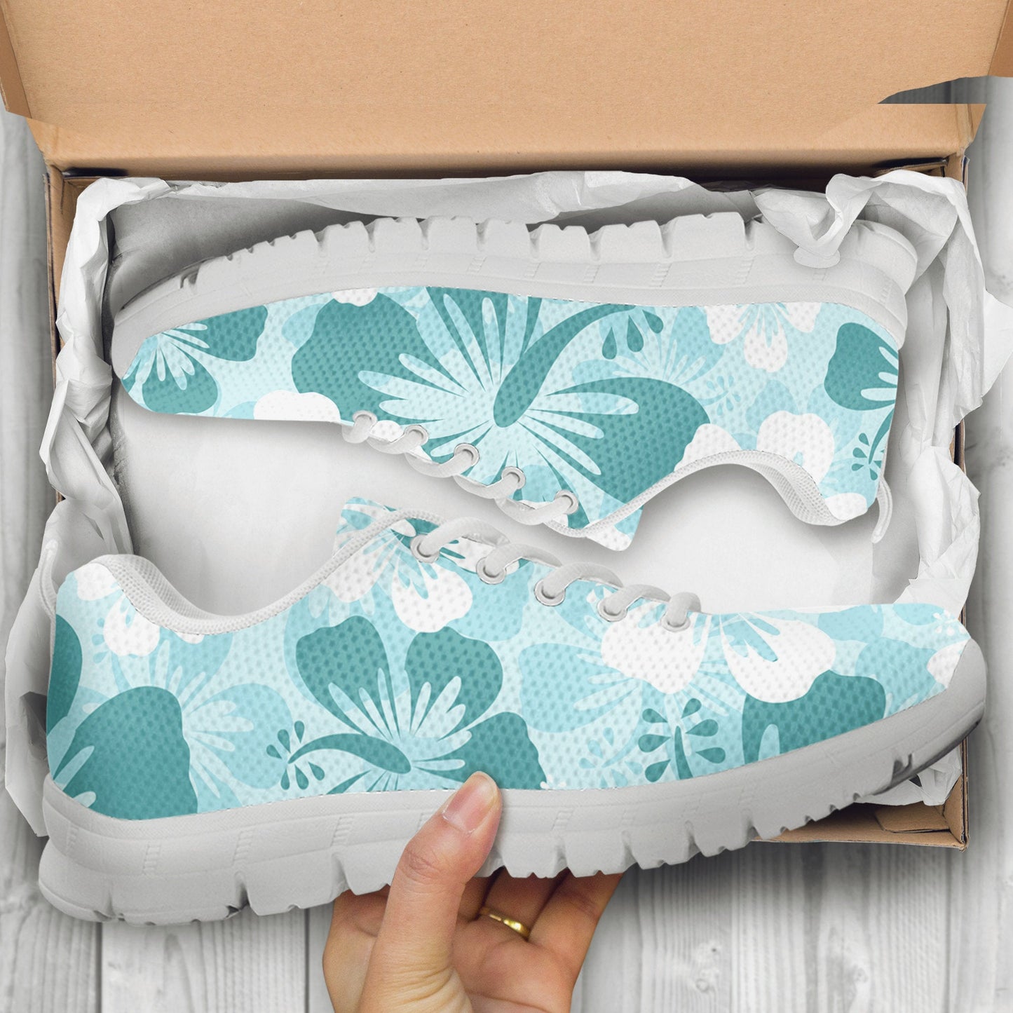 Light Green Teal Aloha Flowers Sneakers