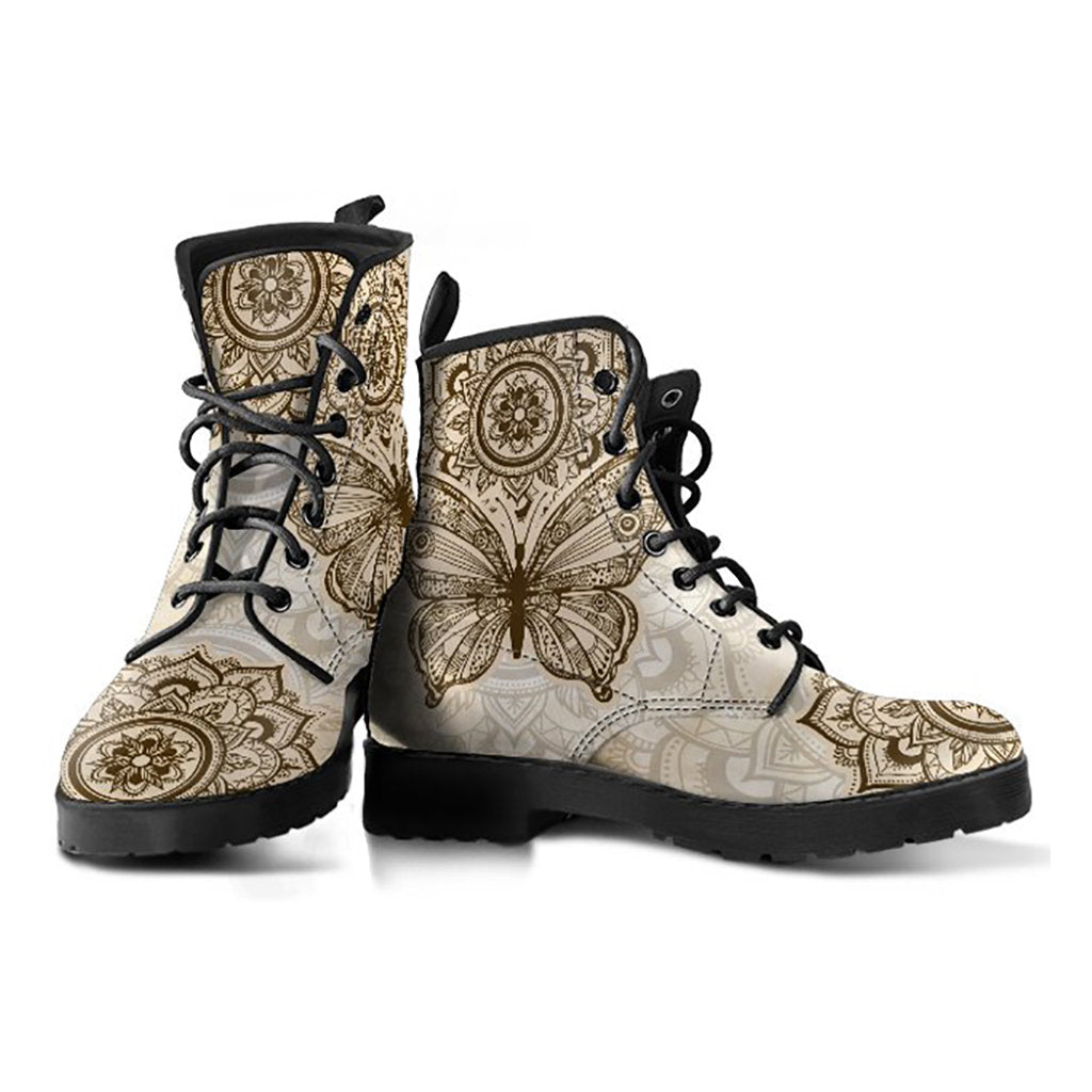 Beige Boho Butterfly Mandala Womens Boots