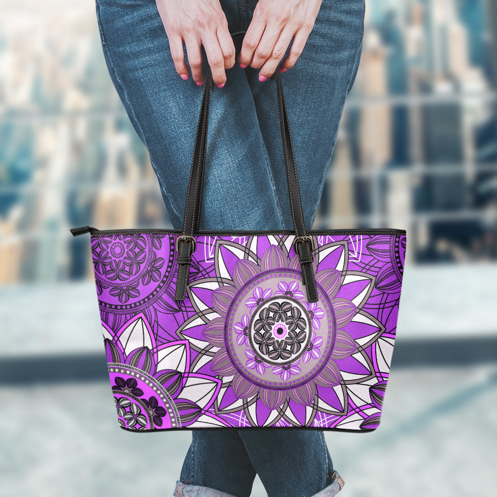 Purple Floral Mandalas Leather Tote Bag