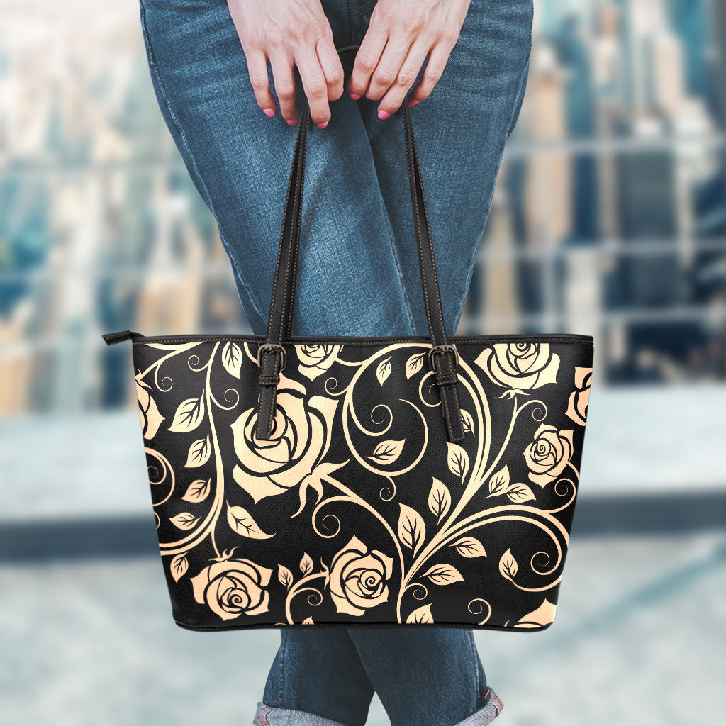 Tan Roses Decor Leather Tote Bag