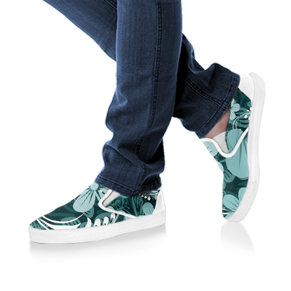 Teal Green Aloha Flowers Slip On Shoes