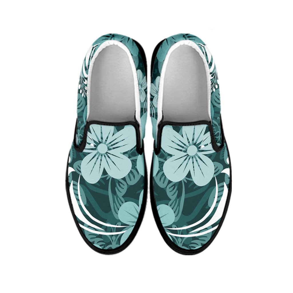 Teal Green Aloha Flowers Slip On Shoes
