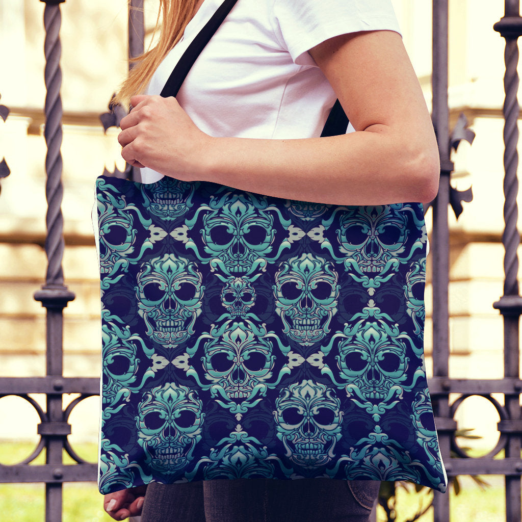 Green Skulls Pattern Canvas Tote Bag