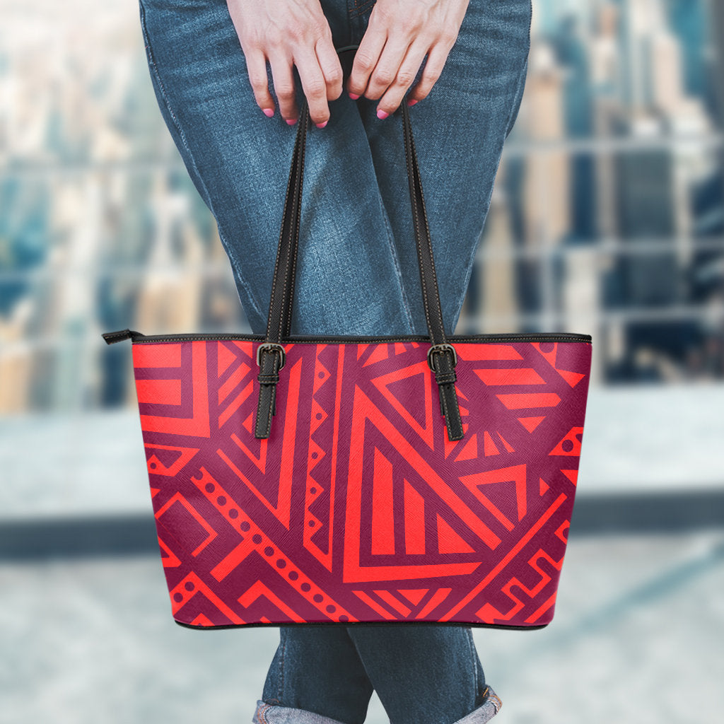 Red Tribal Polynesian Leather Tote Bag