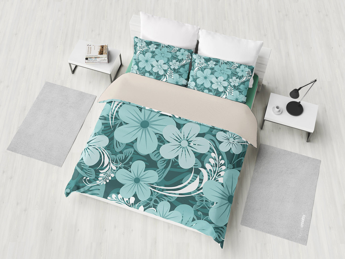 Light Green Teal Aloha Flowers Bedding Set