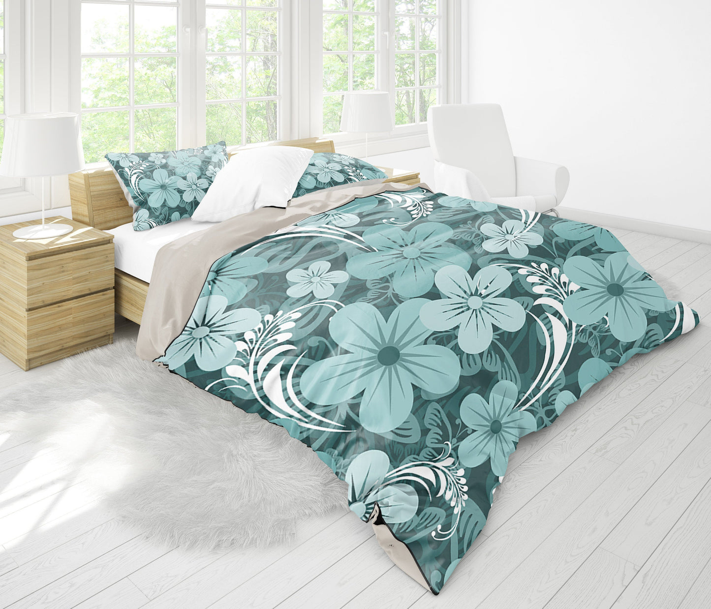 Light Green Teal Aloha Flowers Bedding Set