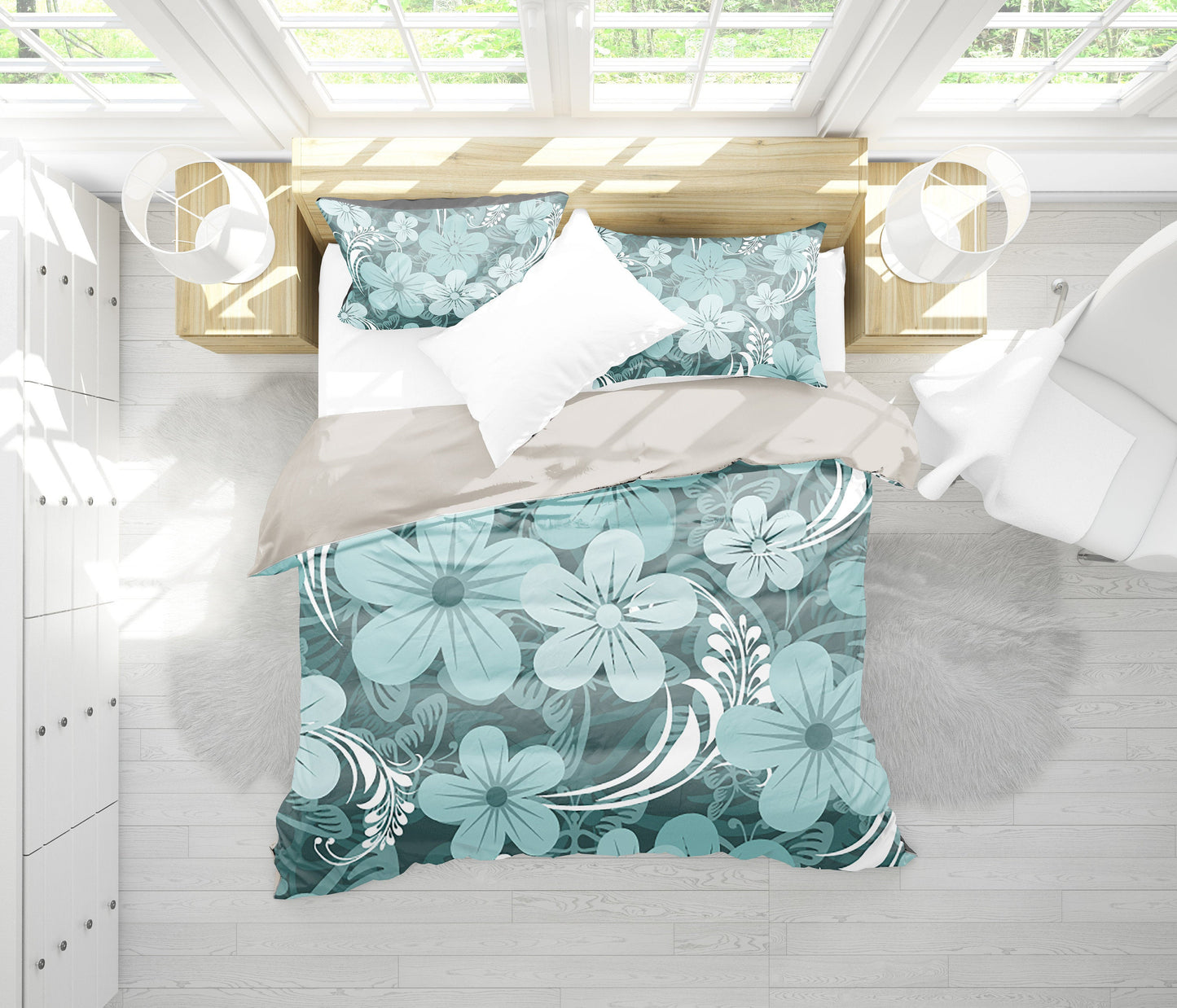 Light Green Teal Aloha Flowers Bedding Set