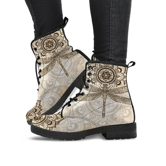 Beige Mandala Dragonfly Womens Boots