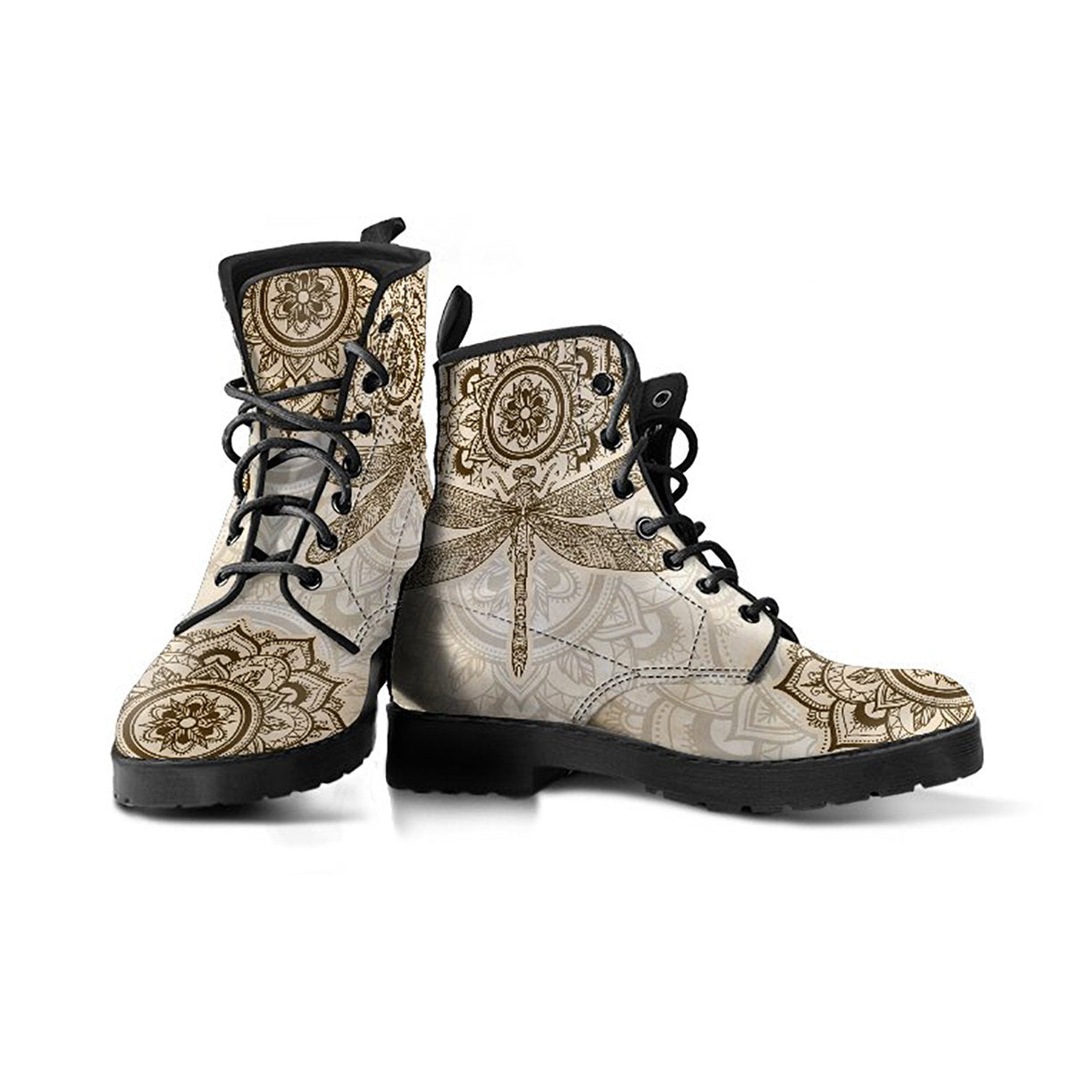 Beige Mandala Dragonfly Womens Boots