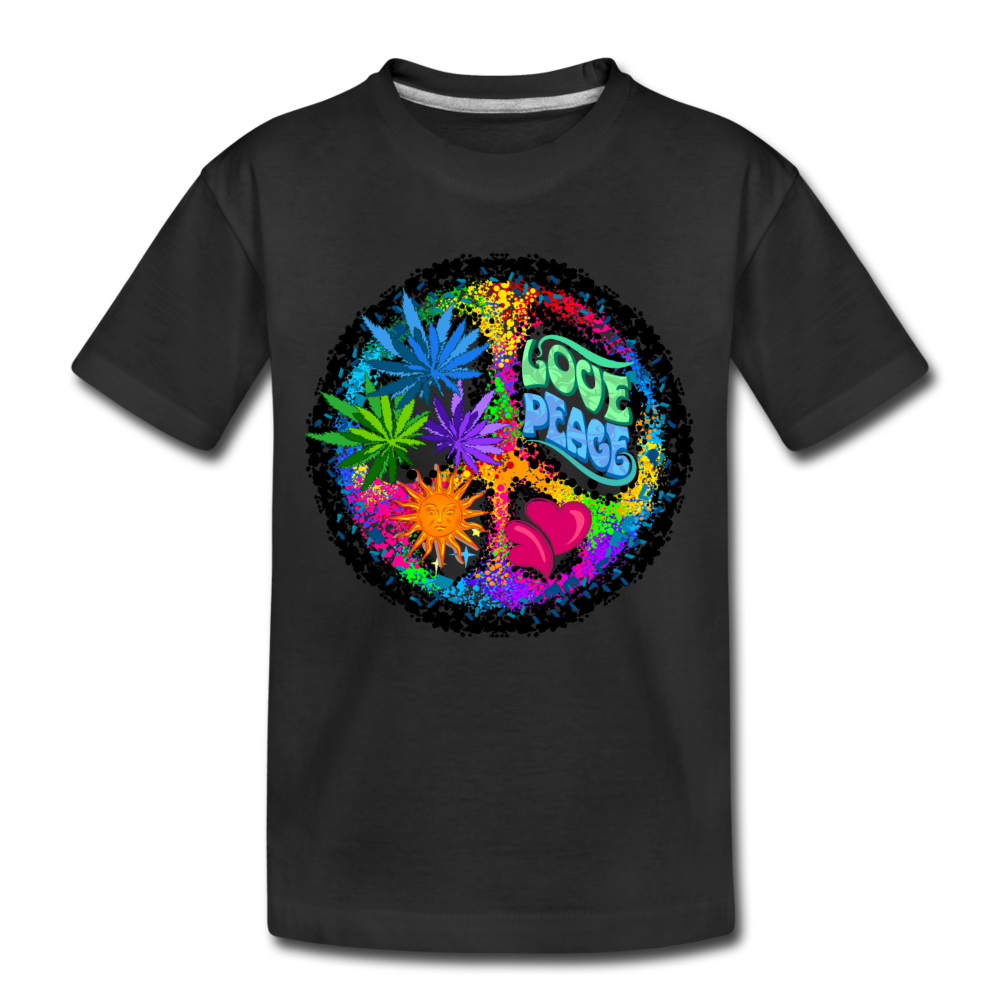 Colorful Floral Love Peace Sign Kids T-Shirt - black