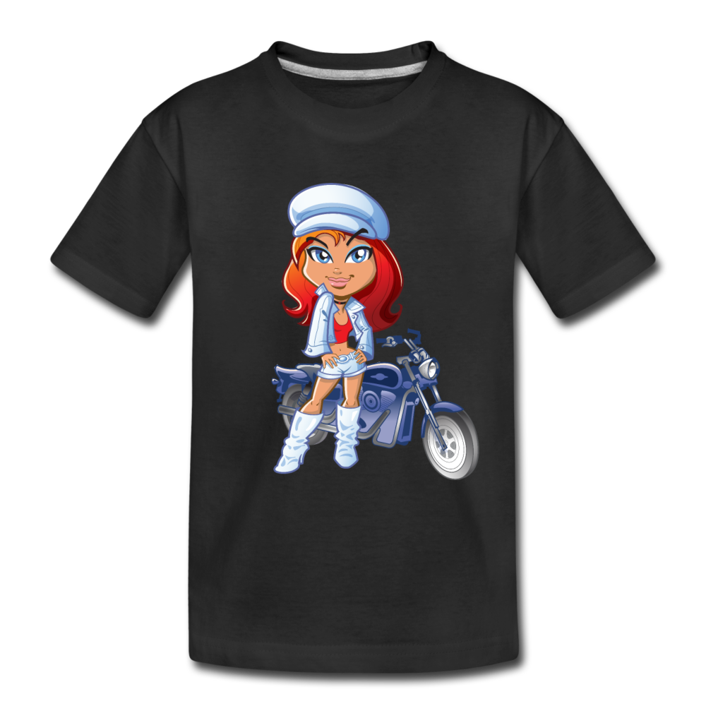 Motorcycle Girl Cartoon Kids T-Shirt - black