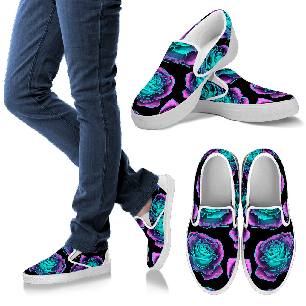 Neon Pink Roses Slip On Shoes