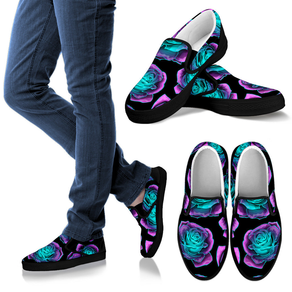 Neon Pink Roses Slip On Shoes
