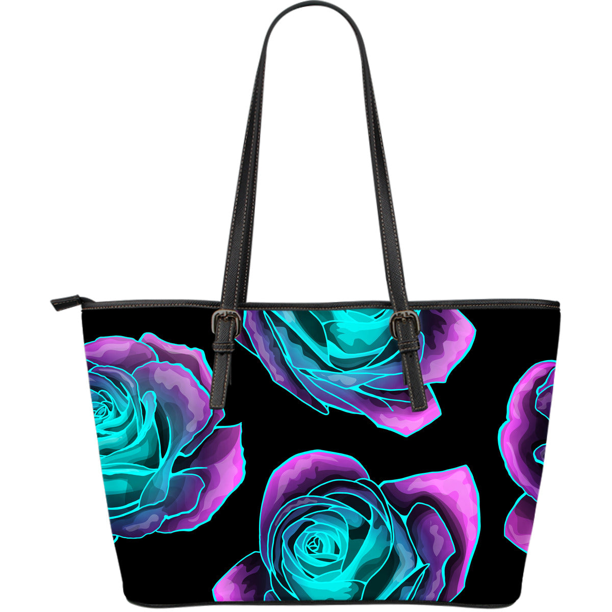 Neon Pink Roses Leather Tote Bag