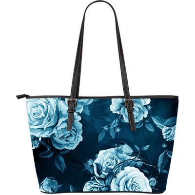 Navy Blue Roses Leather Tote Bag