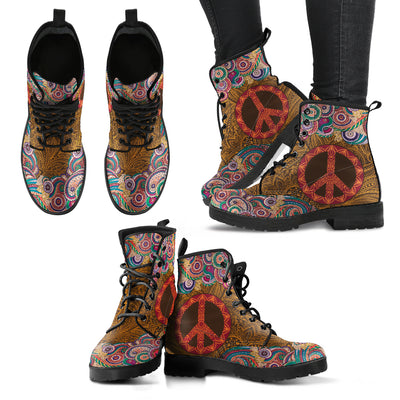 Brown Funky Peace Sign Mandalas Decor Womens Boots