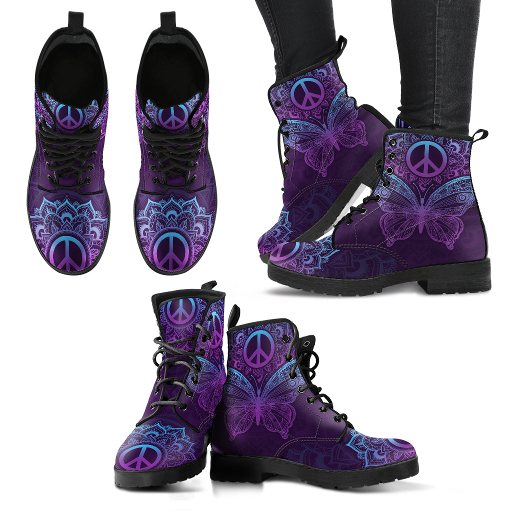 Purple Butterfly Peace Sign Mandala Womens Boots