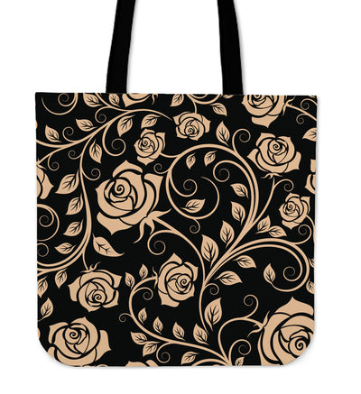 Tan Floral Decor Canvas Tote Bag