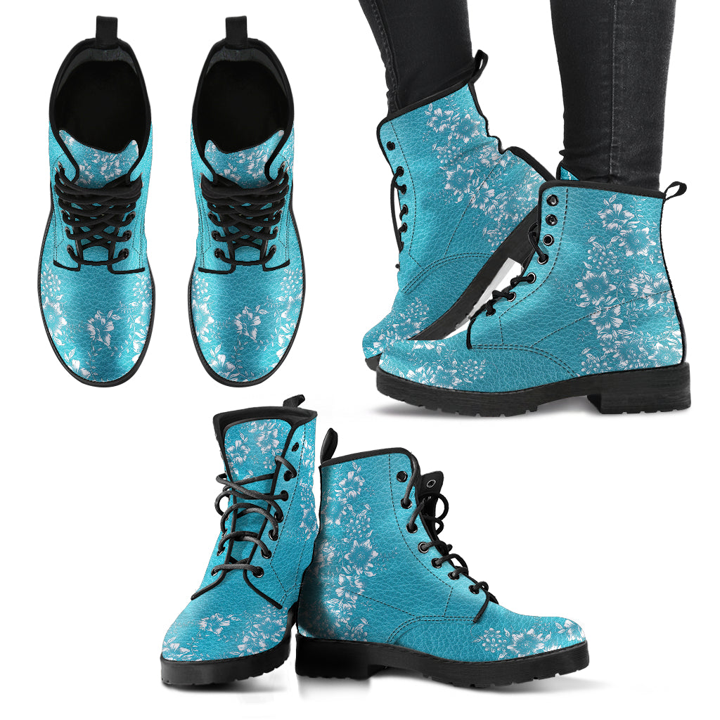 Light Blue Green Teal Floral Womens Boots