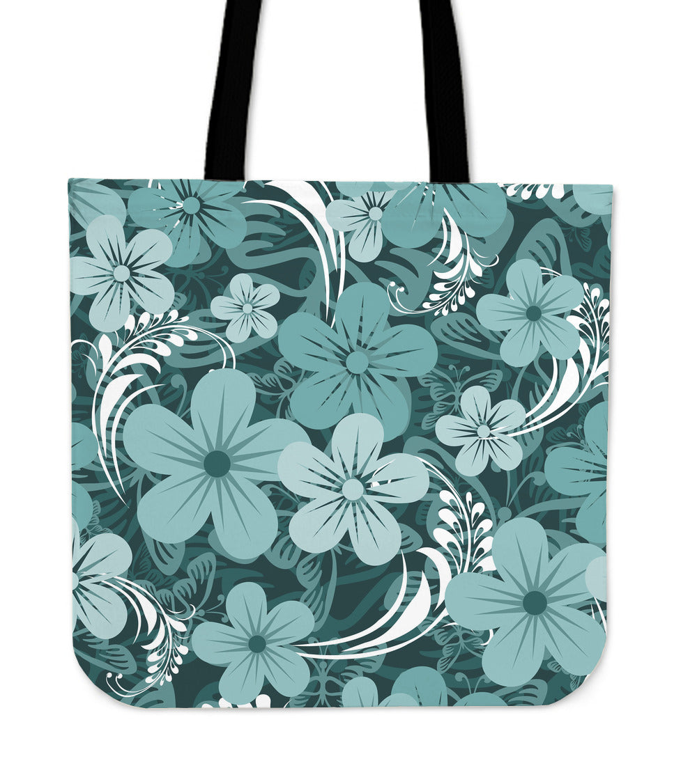 Teal Green Aloha Flowers Canvas Tote Bag