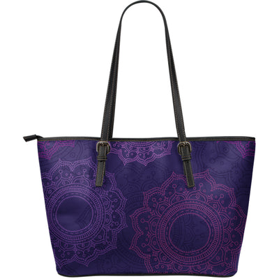 Purple Mandalas Leather Tote Bag