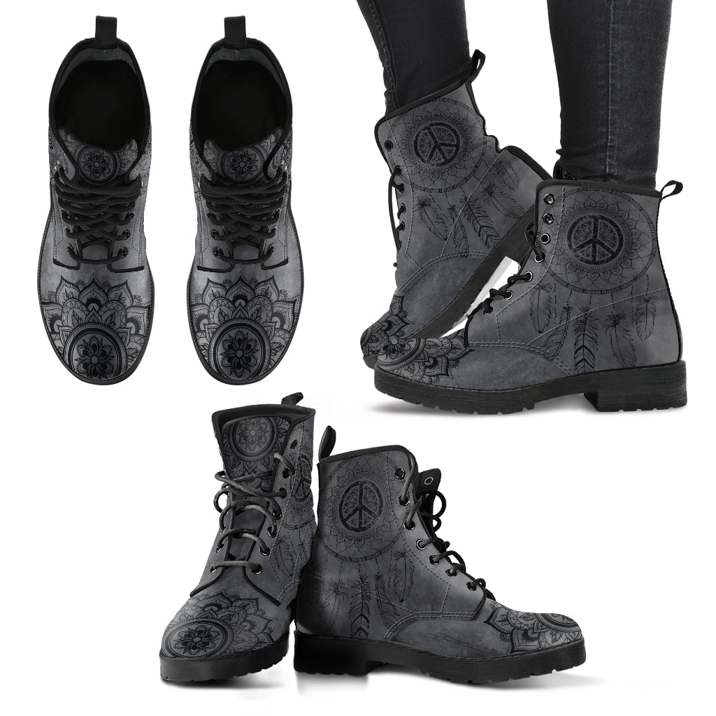 Dark Grey Boho Peace Sign Dream Catcher Womens Boots