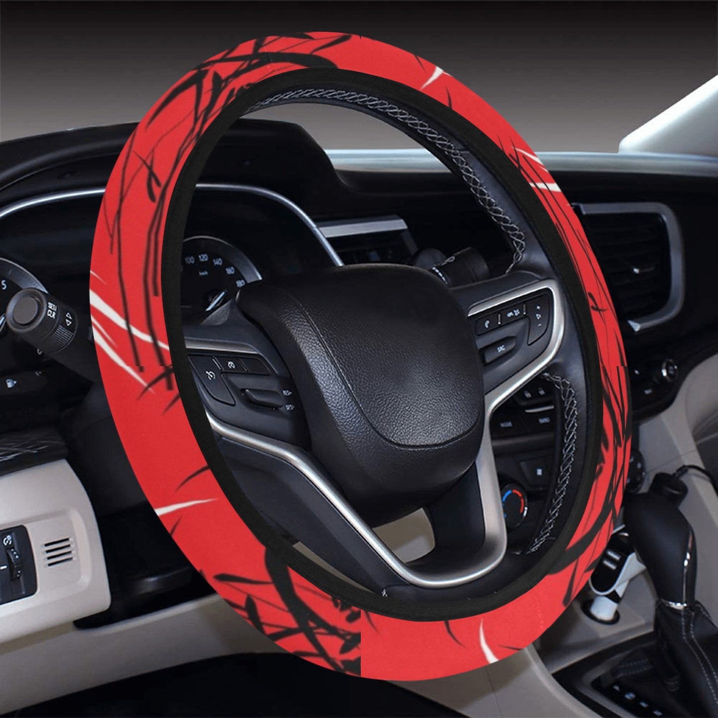Red Oriental Plants Steering Wheel Cover
