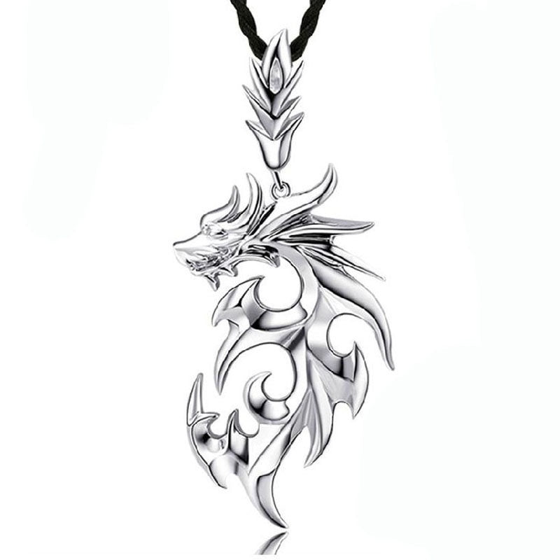 Mens Silver Dragon Pendant Necklace