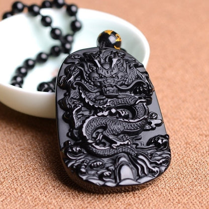 Mens Obsidian Lucky Dragon Pendant Necklace