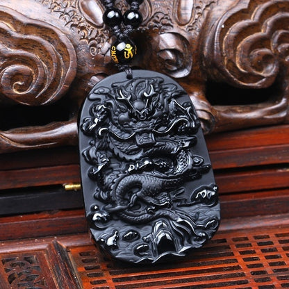 Mens Obsidian Lucky Dragon Pendant Necklace