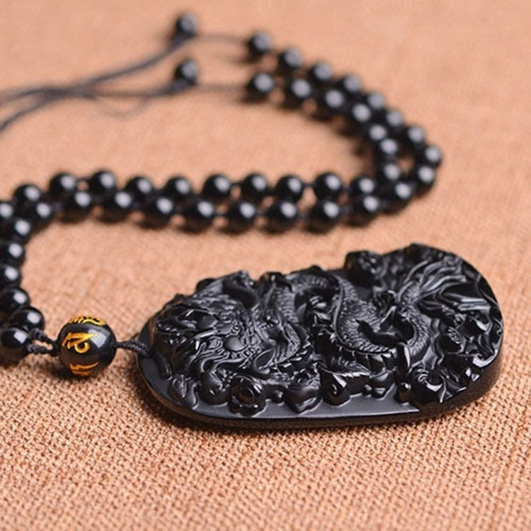 Mens Obsidian Lucky Dragon Pendant Necklace