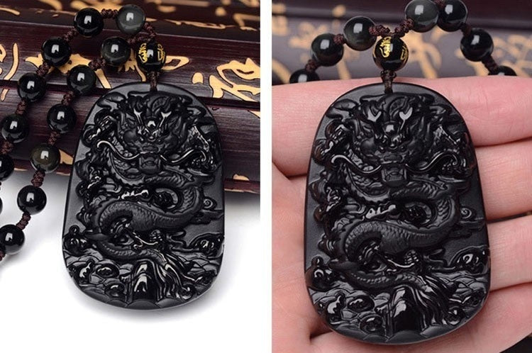 Mens Obsidian Lucky Dragon Pendant Necklace